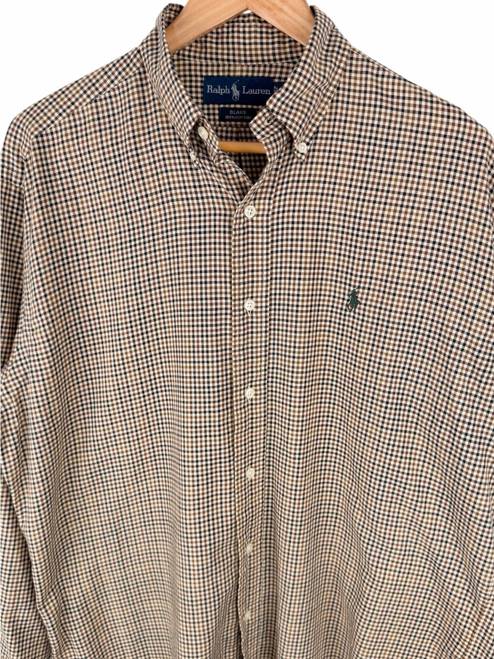 Ralph Lauren Blake Men’s Medium Button Up Shirt Brown Gingham Pony Logo Cotton - Picture 3 of 9